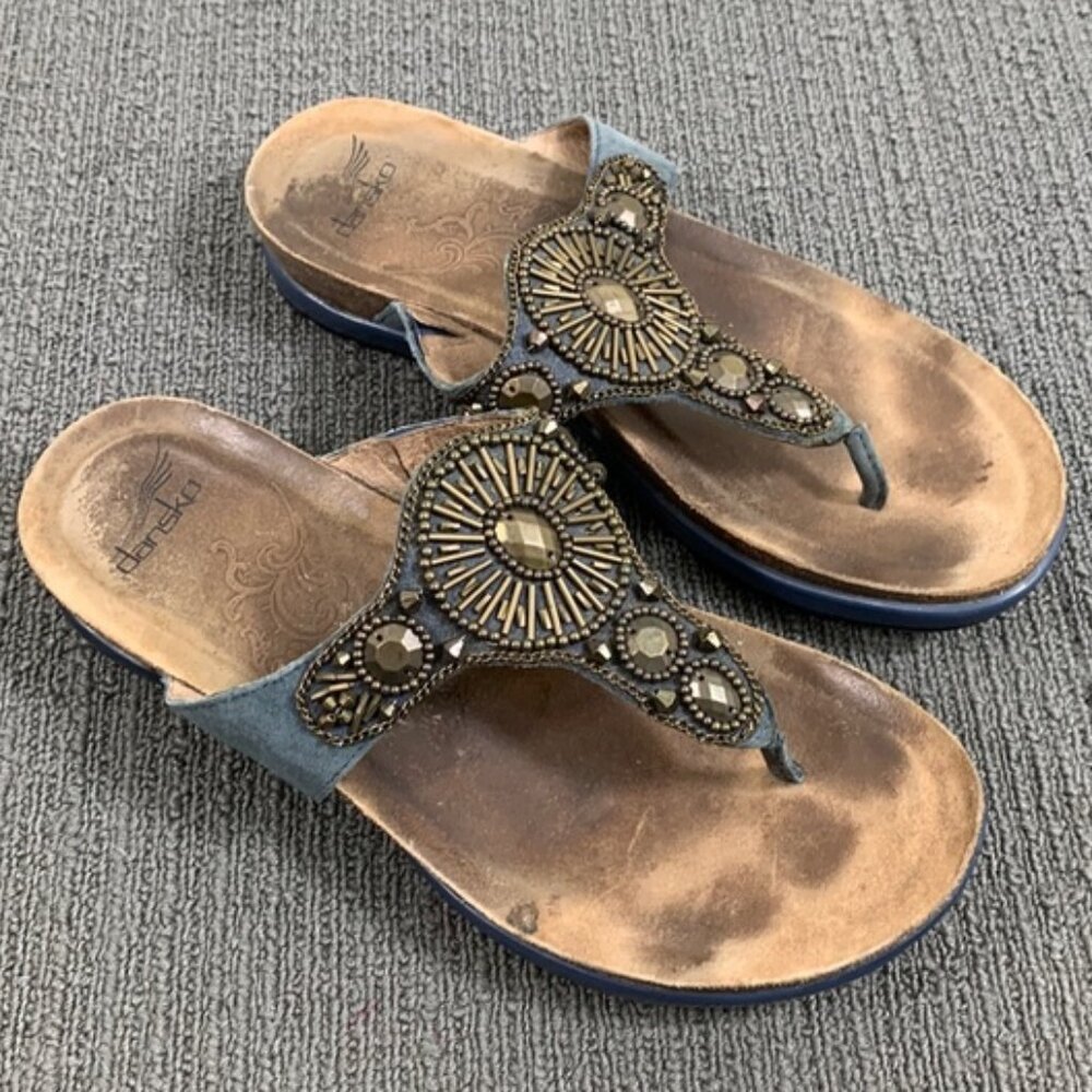 Dansko Pamela Jeweled Sandals Womens Size EU 37 US 6.5 Blue Leather Flip Flops